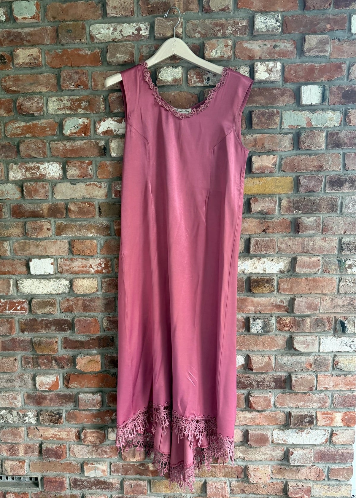 1990s Dusty Rose Pink Satin Slip Maxi Dress Crochet Lace Trim