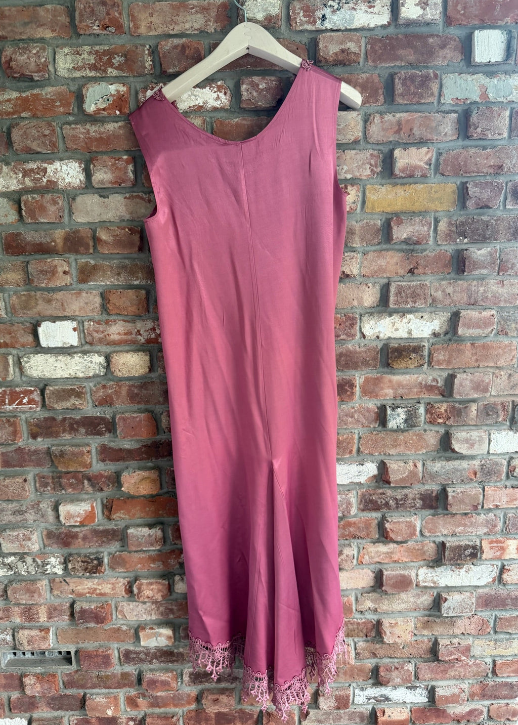 1990s Dusty Rose Pink Satin Slip Maxi Dress Crochet Lace Trim