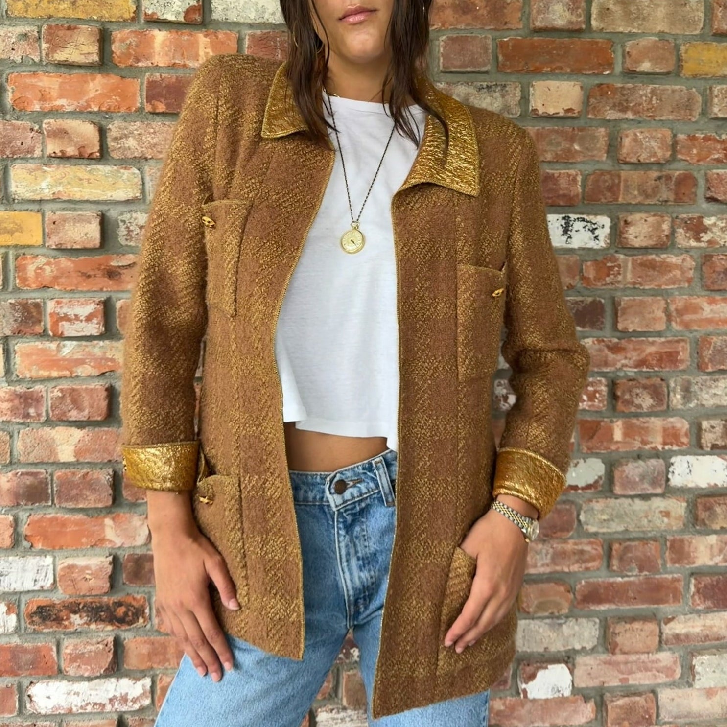 1990s Chanel Gold and Brown Bouclé Jacket