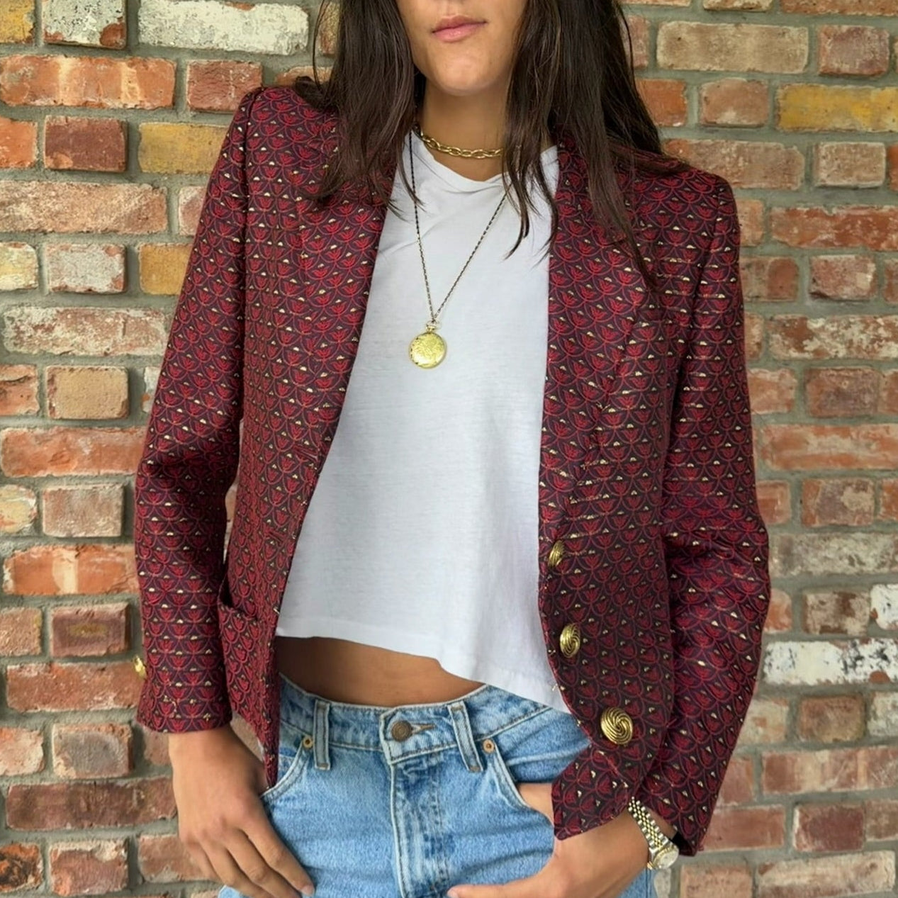 1980s - 90s Yves Saint Laurent Red Brocade Blazer