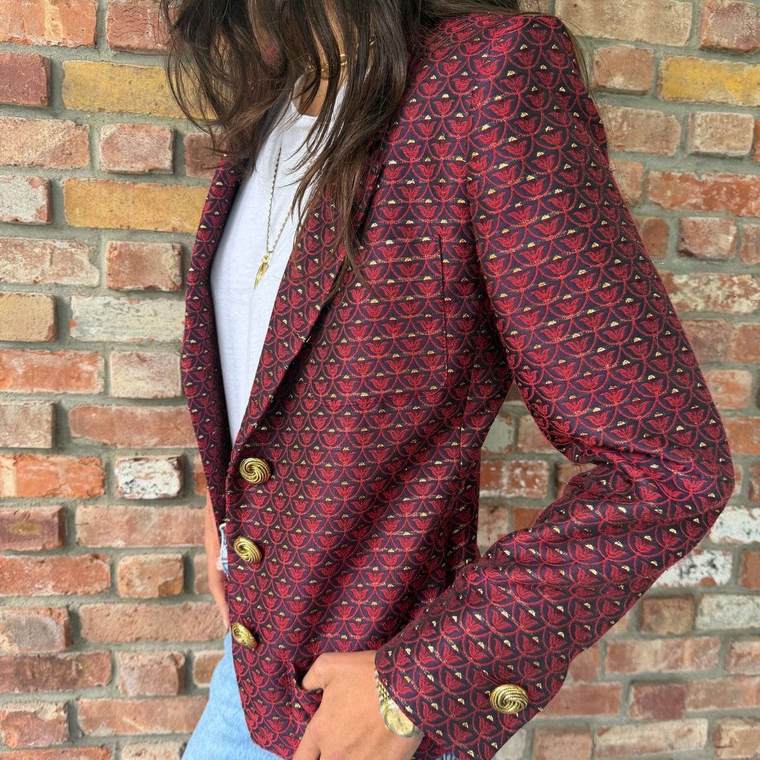 1980s - 90s Yves Saint Laurent Red Brocade Blazer