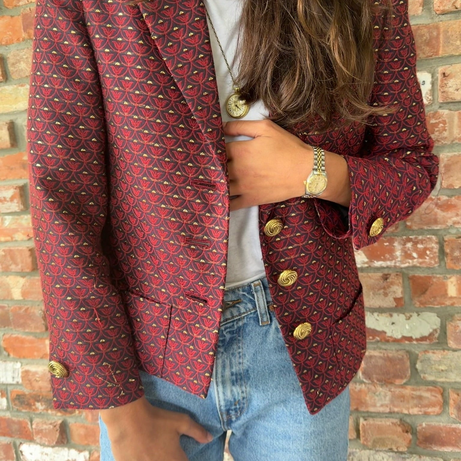 1980s - 90s Yves Saint Laurent Red Brocade Blazer