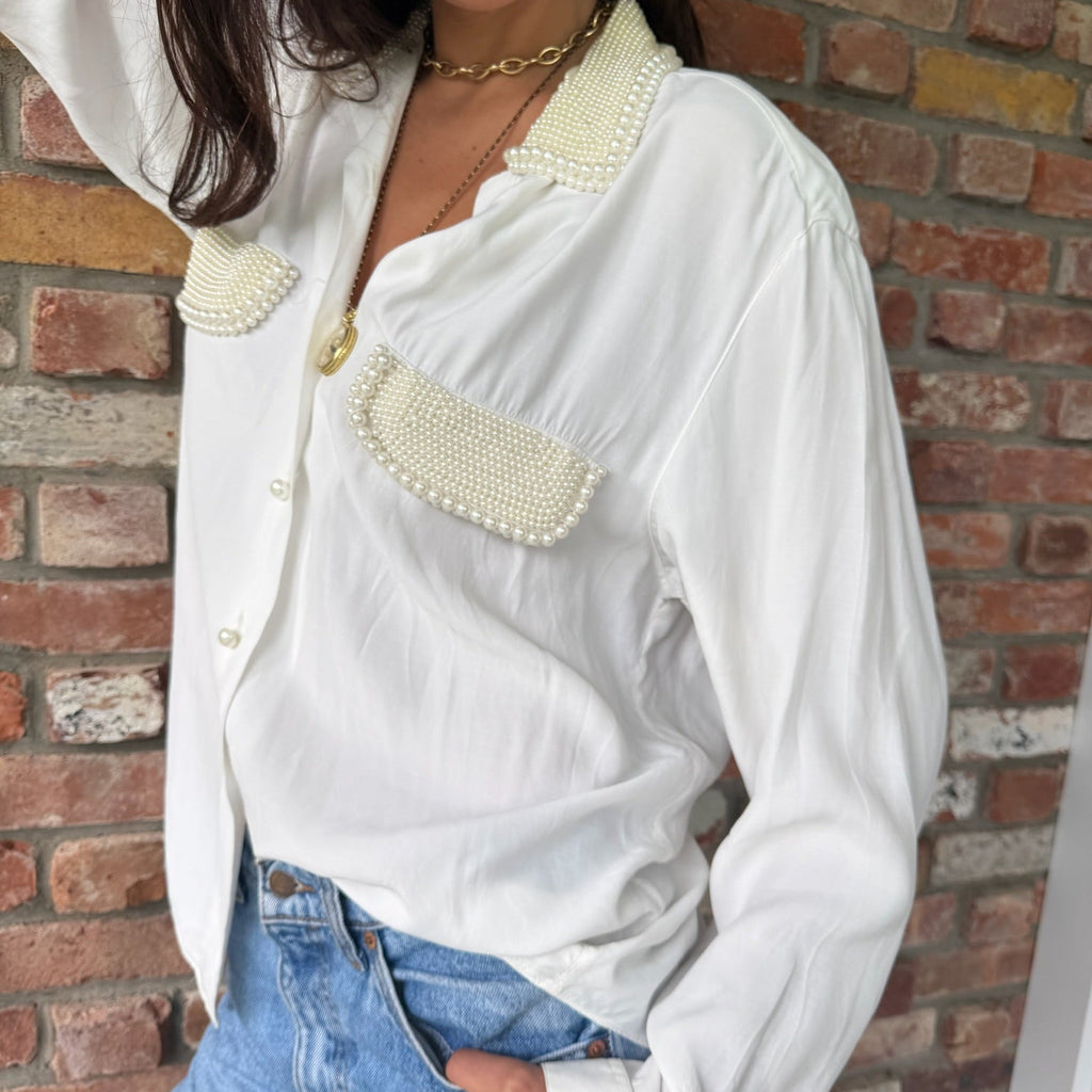 1970s - 80s Faux-Pearl Embellished Silk Blouse