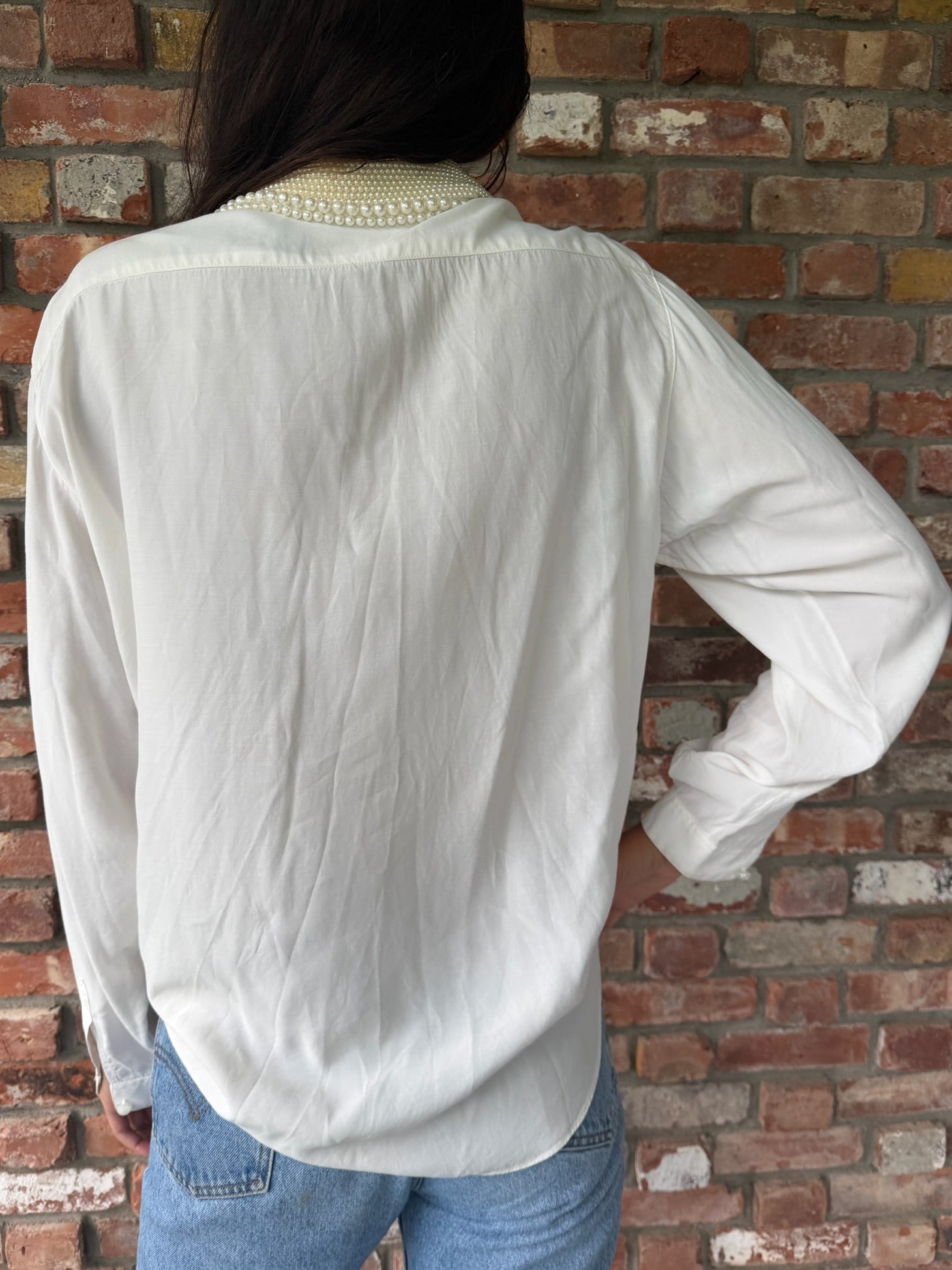 1970s - 80s Faux-Pearl Embellished Silk Blouse