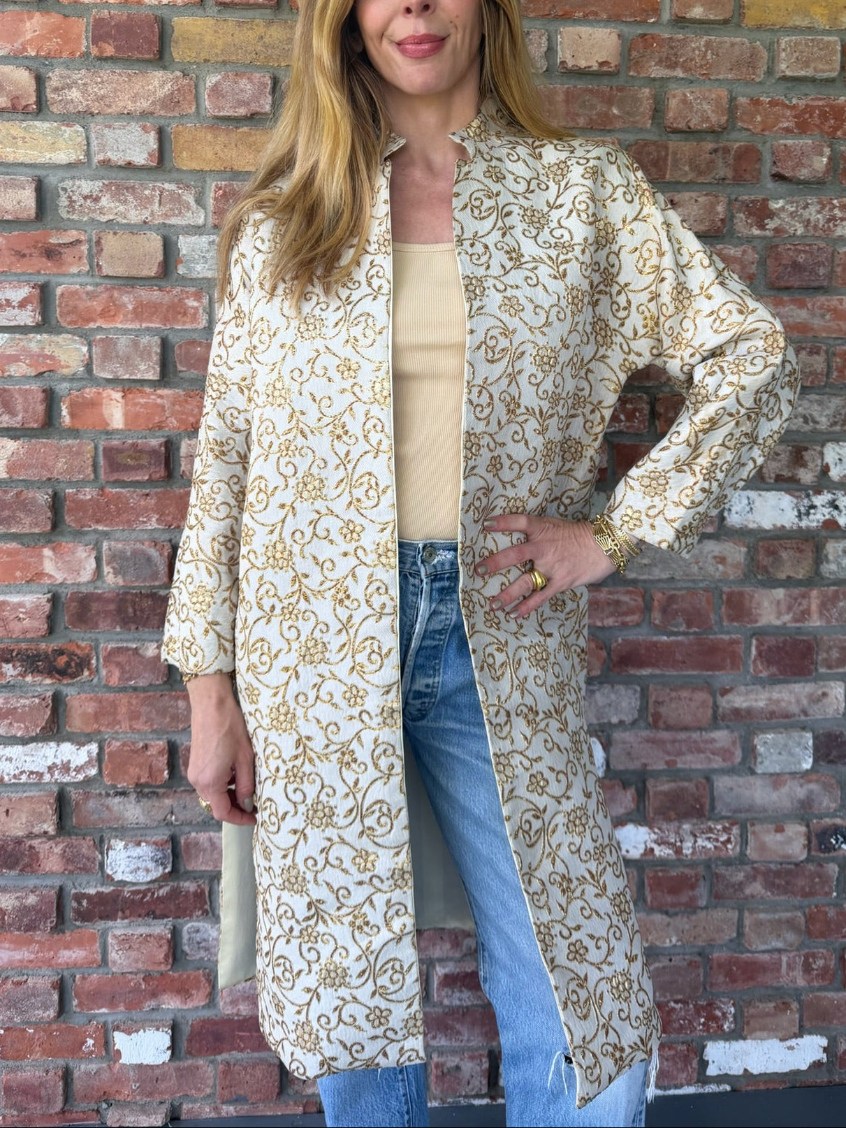 Late 1950s - Early 1960s Ivory and Gold Brocade Duster