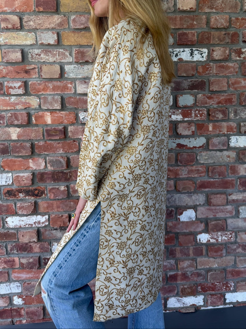 Late 1950s - Early 1960s Ivory and Gold Brocade Duster