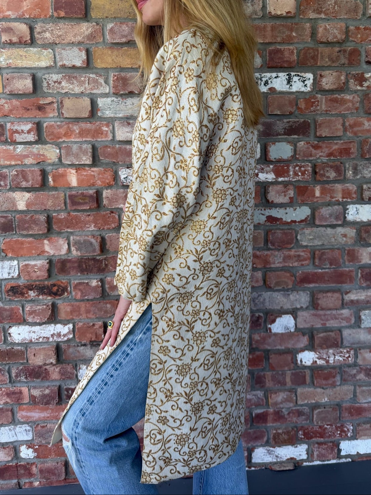 Late 1950s - Early 1960s Ivory and Gold Brocade Duster