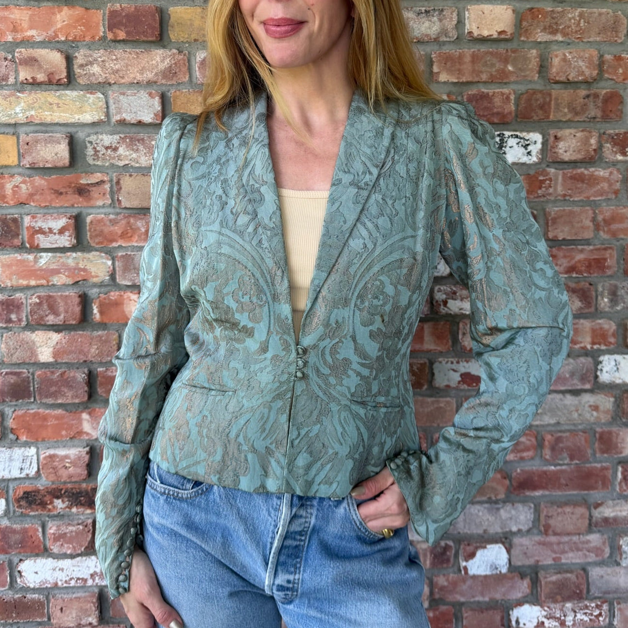 1980s Teal and Bronze Brocade Jacket
