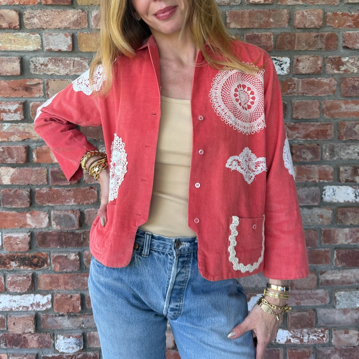 Salmon Corduroy Jacket Decorated with Antique Doilies