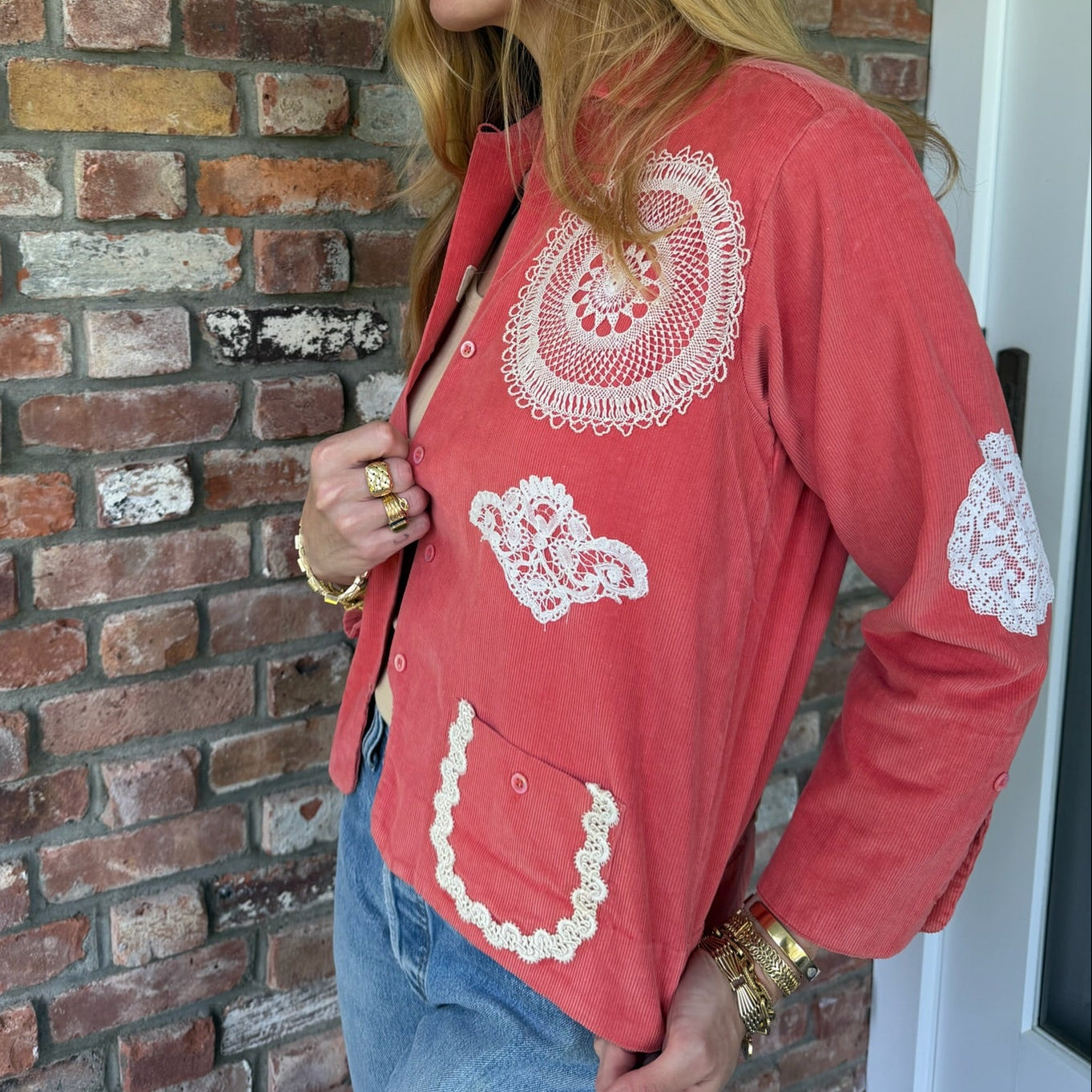 Salmon Corduroy Jacket Decorated with Antique Doilies