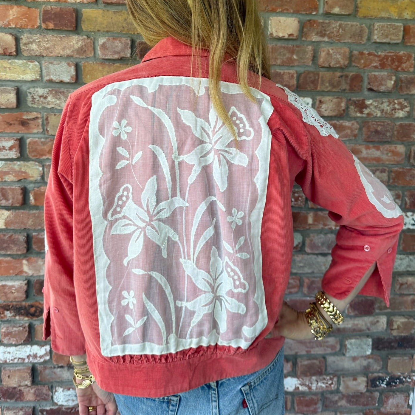 Salmon Corduroy Jacket Decorated with Antique Doilies