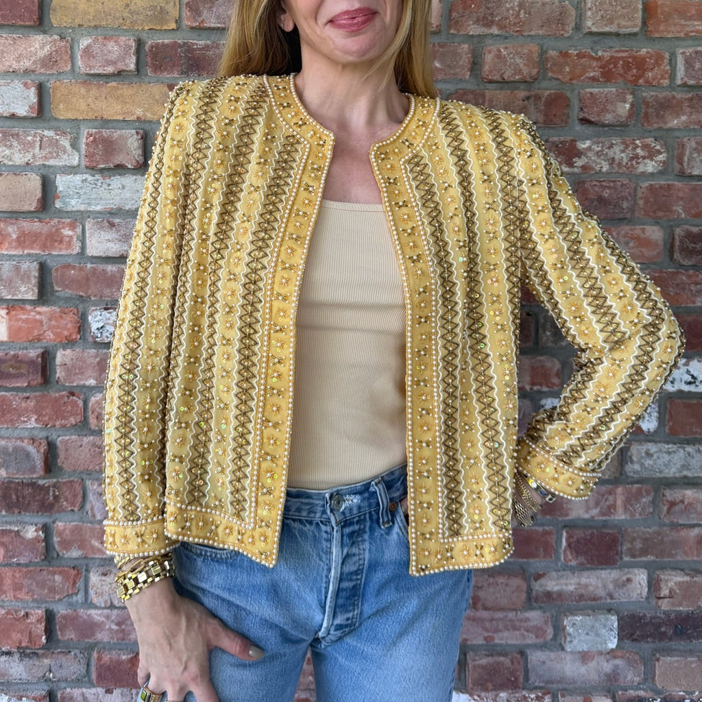 Late 1980s - Early 1990s Yellow Beaded Evening Jacket
