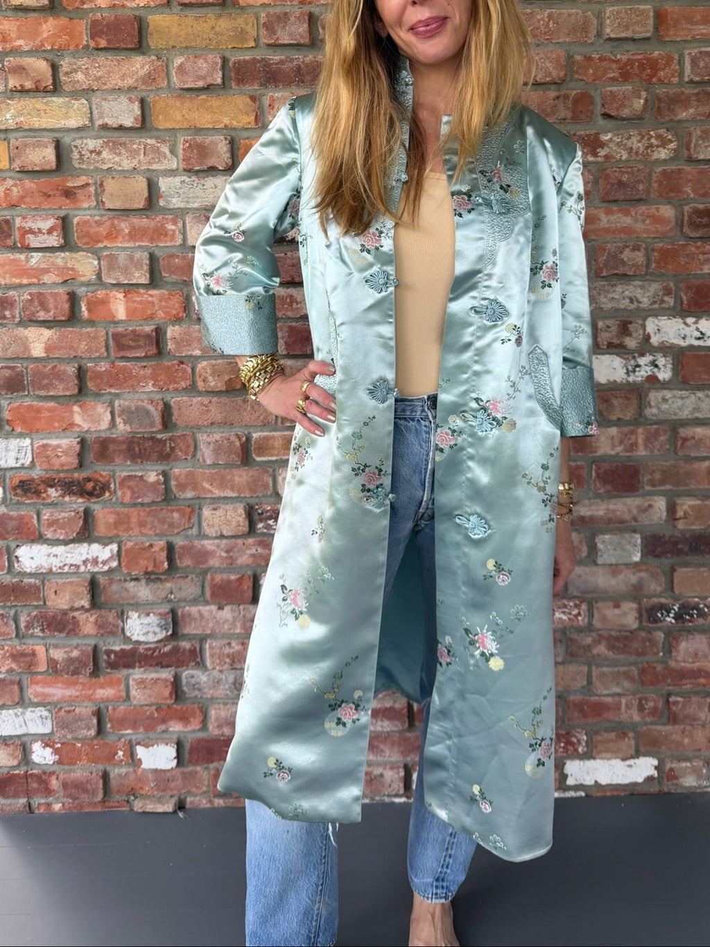 Long Seafoam Chinoiserie Coat