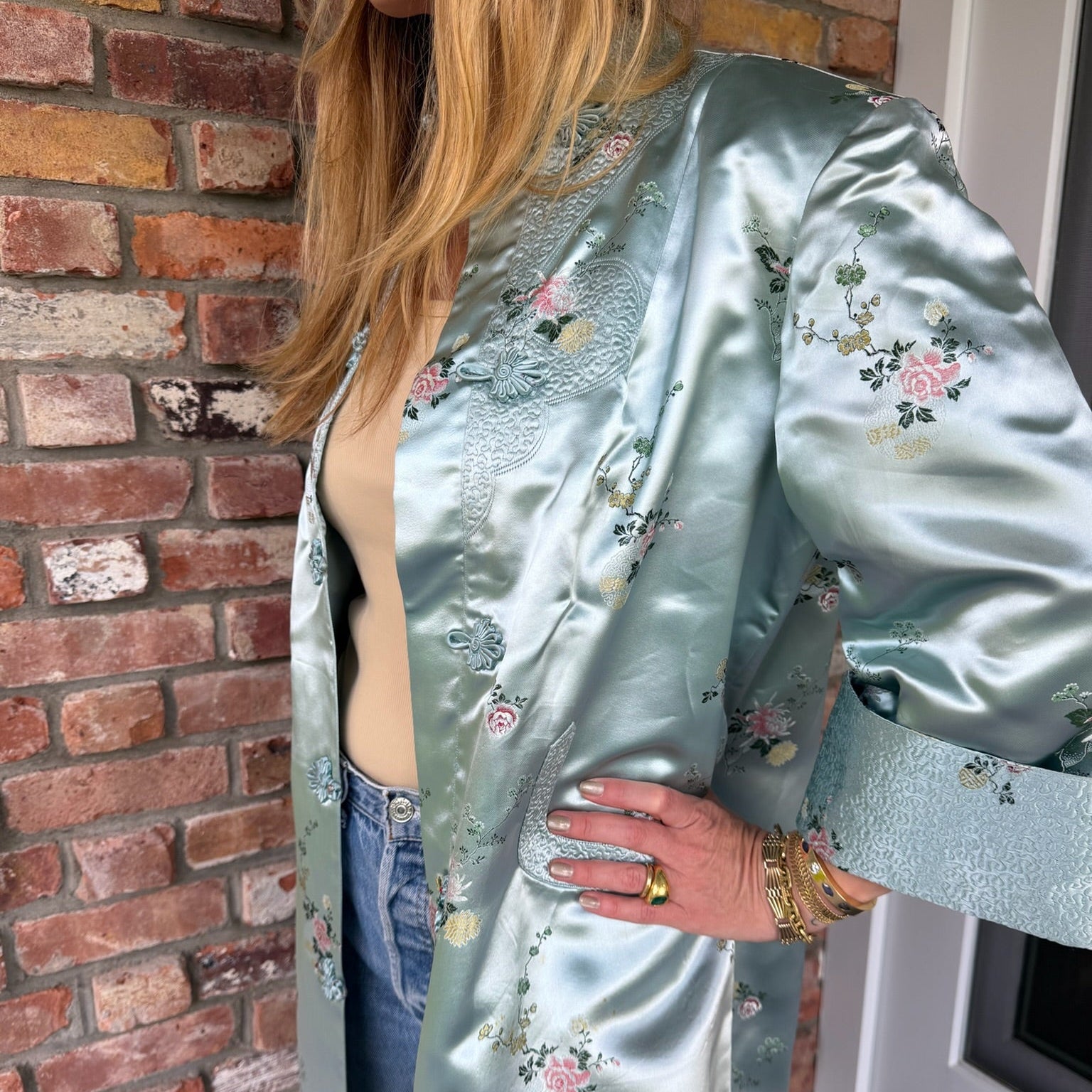 Long Seafoam Chinoiserie Coat