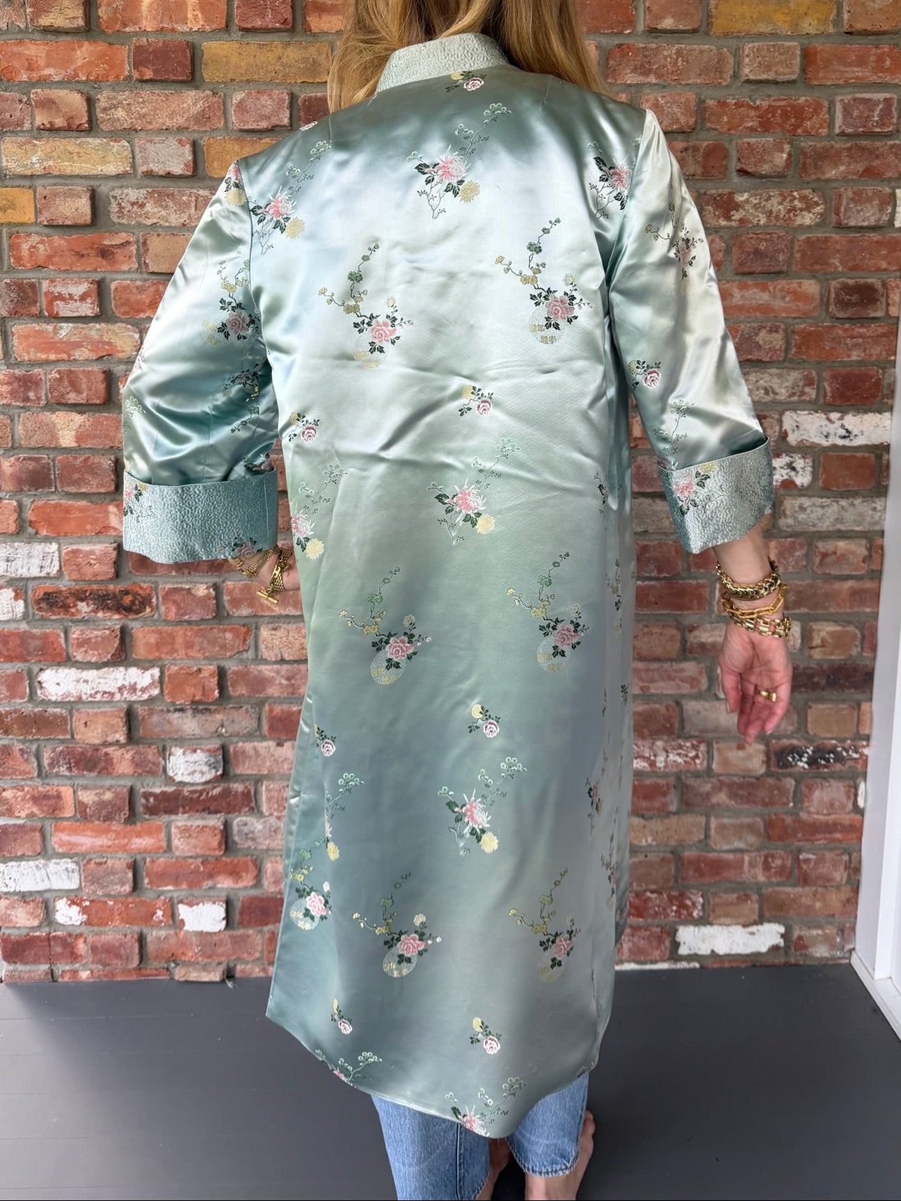 Long Seafoam Chinoiserie Coat