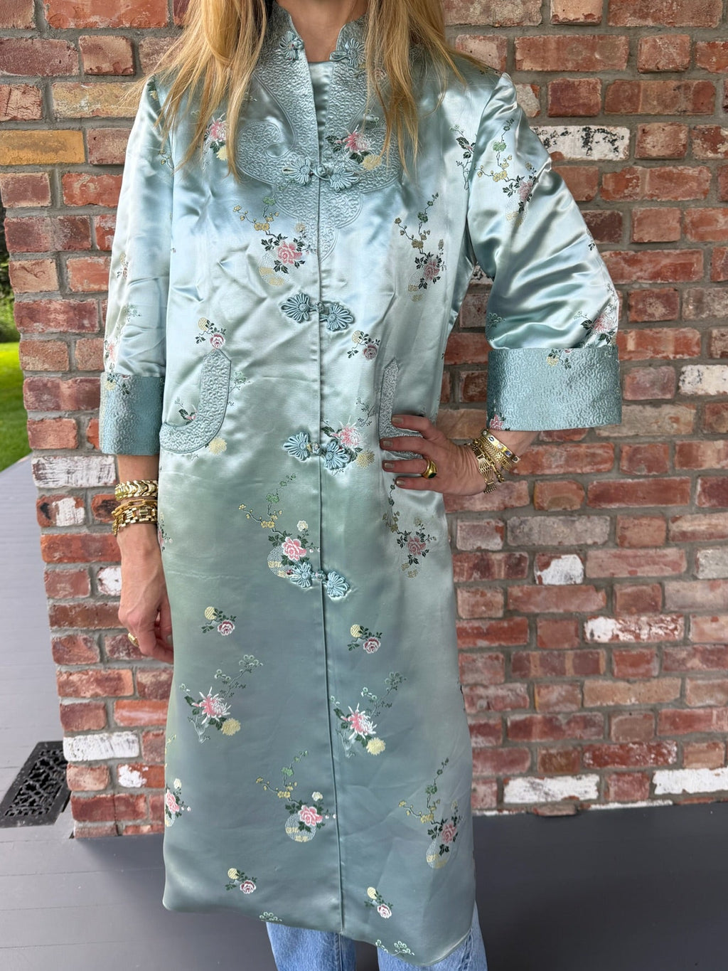 Long Seafoam Chinoiserie Coat