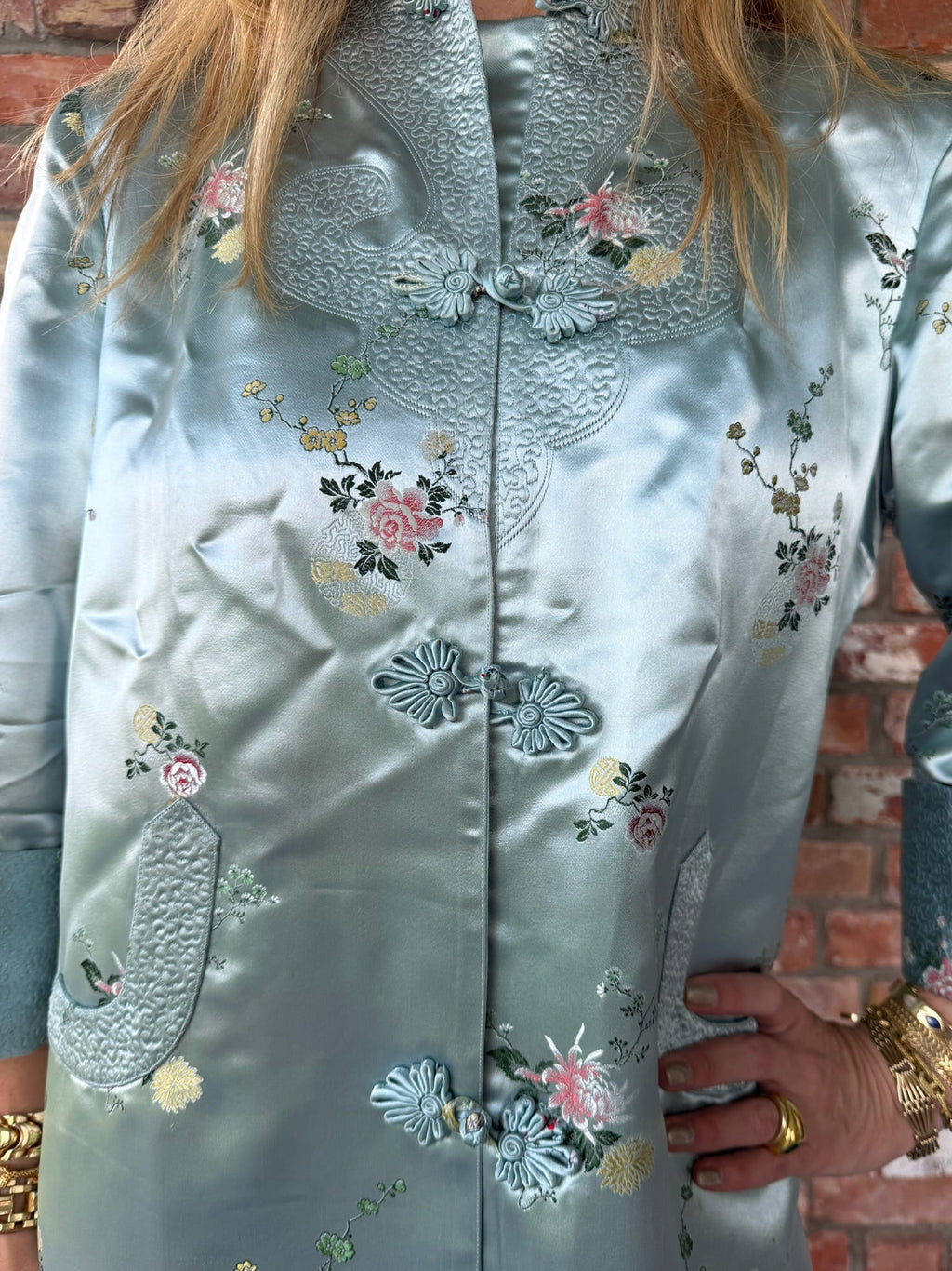 Long Seafoam Chinoiserie Coat