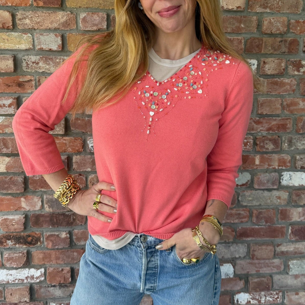 Late 1990s - Early 2000s Coral Embellished Sweater