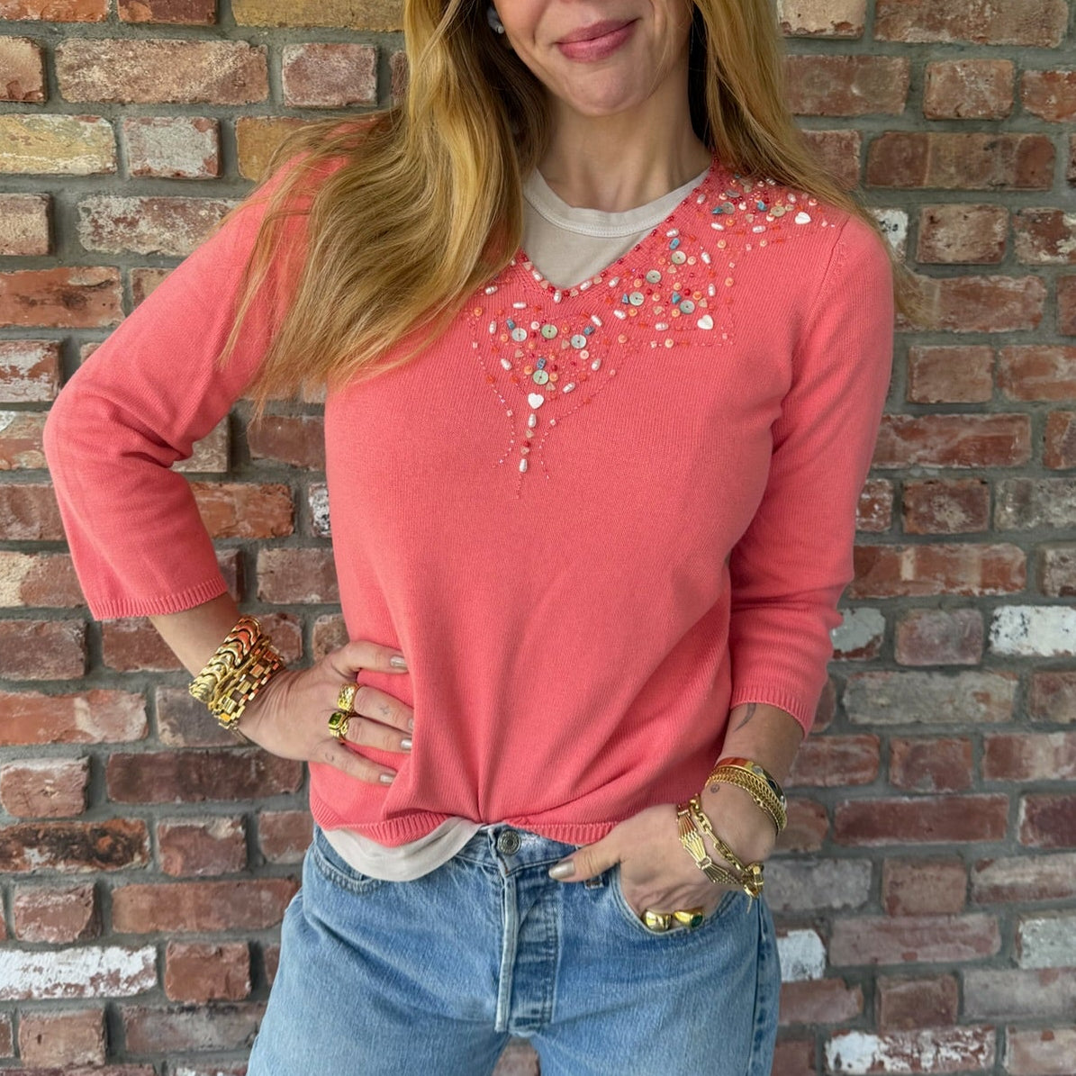 Late 1990s - Early 2000s Coral Embellished Sweater