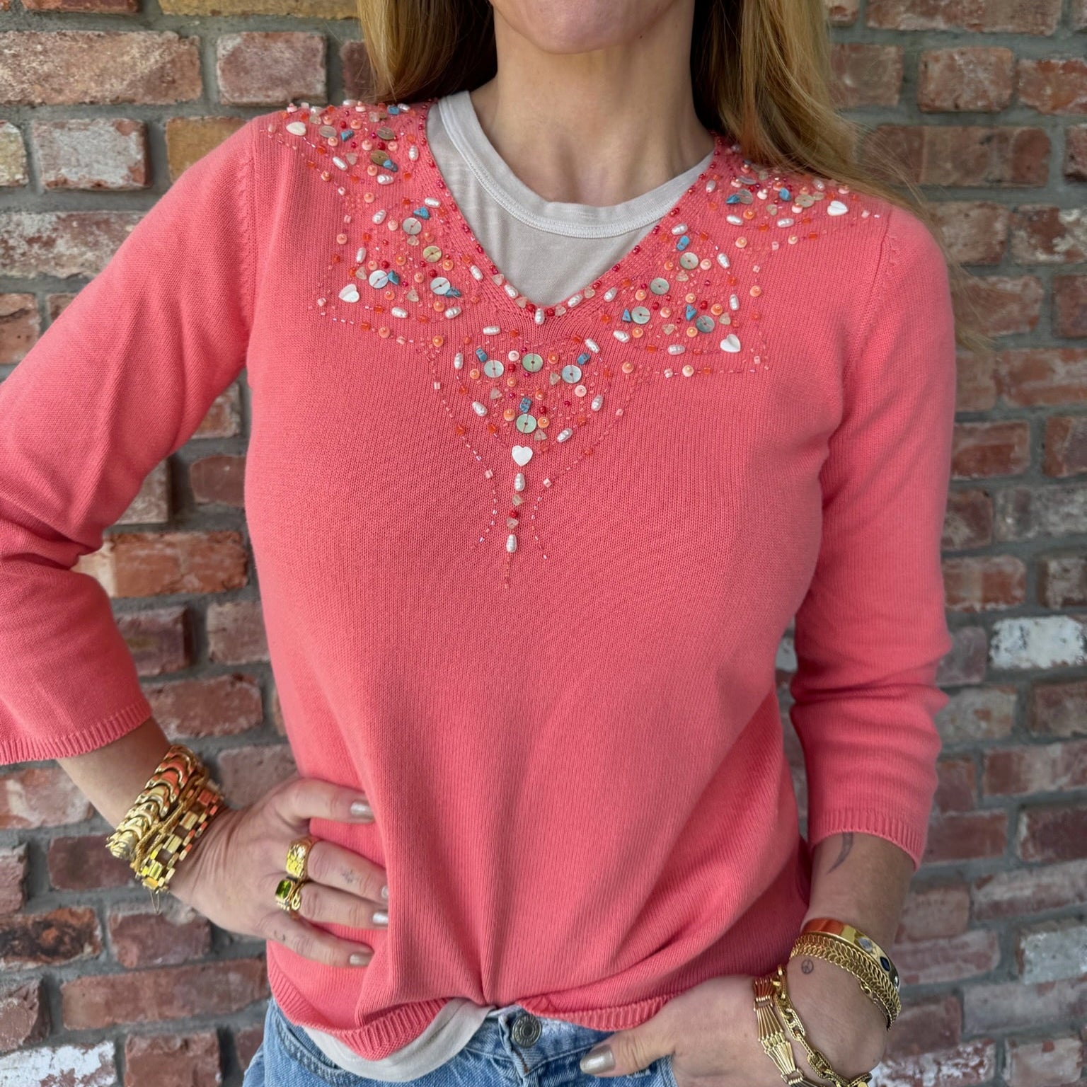 Late 1990s - Early 2000s Coral Embellished Sweater