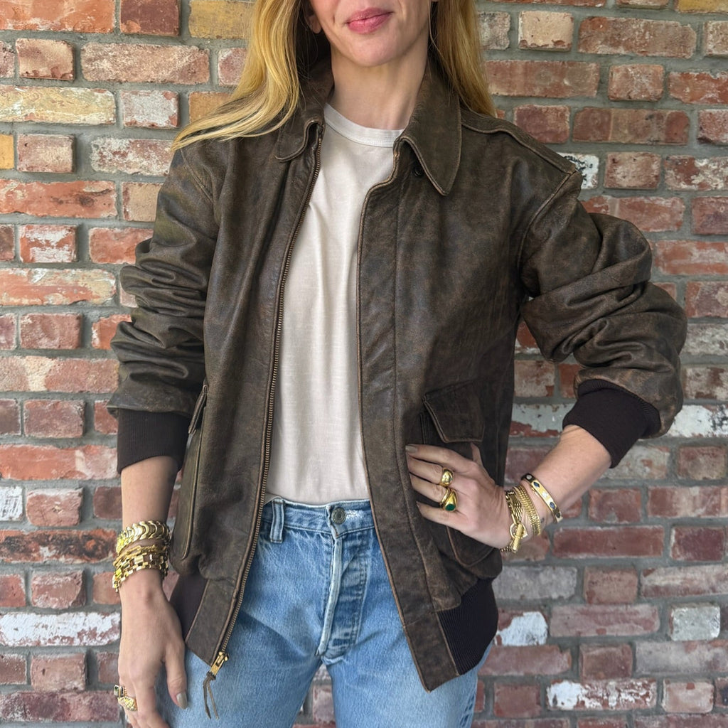 Late 1970s - Early 1980s Distressed Leather Bomber Jacket