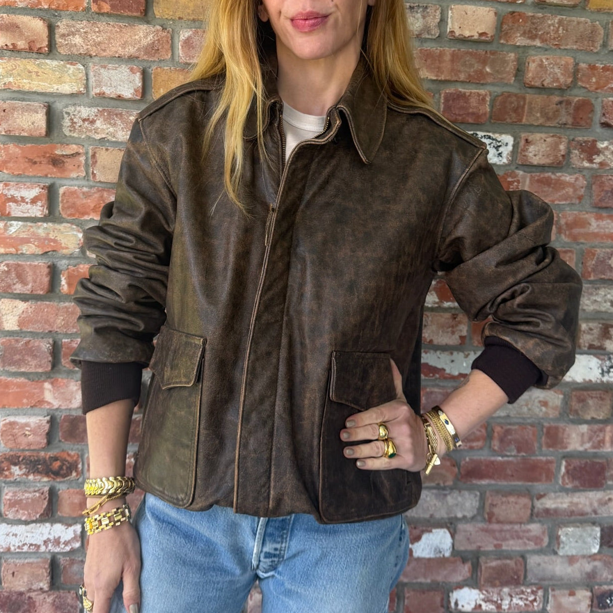 Late 1970s - Early 1980s Distressed Leather Bomber Jacket