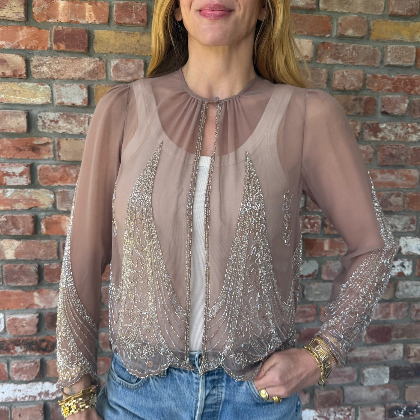 1980s Sheer Taupe Beaded Evening Jacket