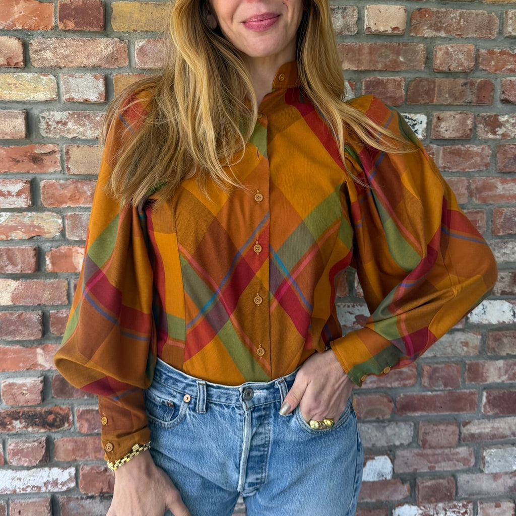 1970s Plaid Bishop Sleeve Blouse