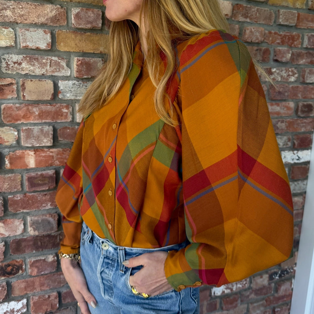 1970s Plaid Bishop Sleeve Blouse