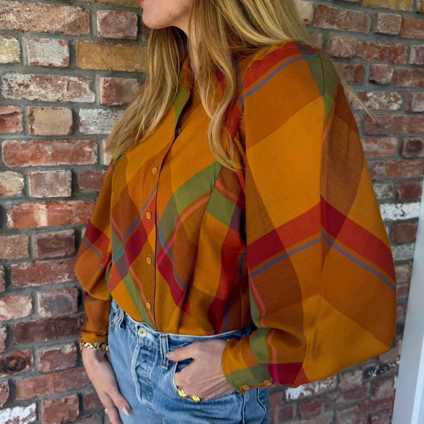 1970s Plaid Bishop Sleeve Blouse