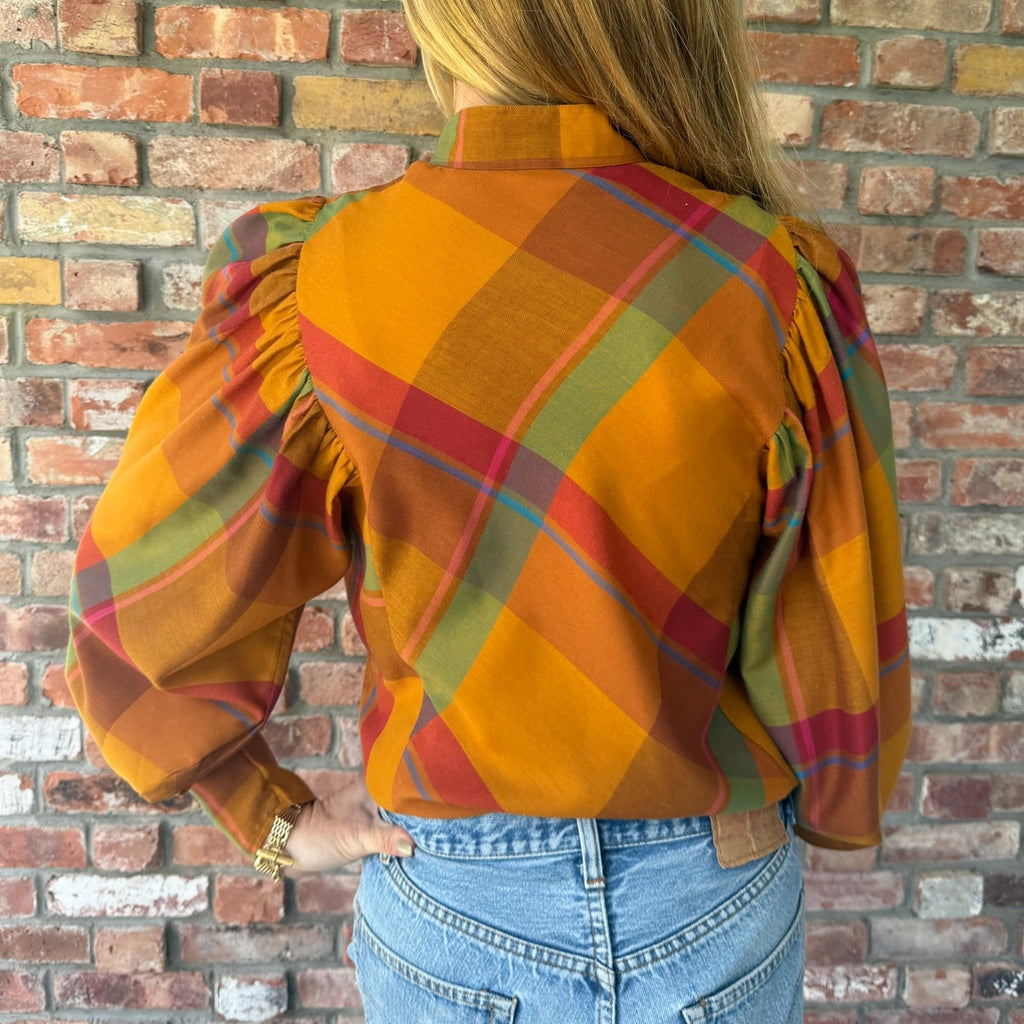 1970s Plaid Bishop Sleeve Blouse