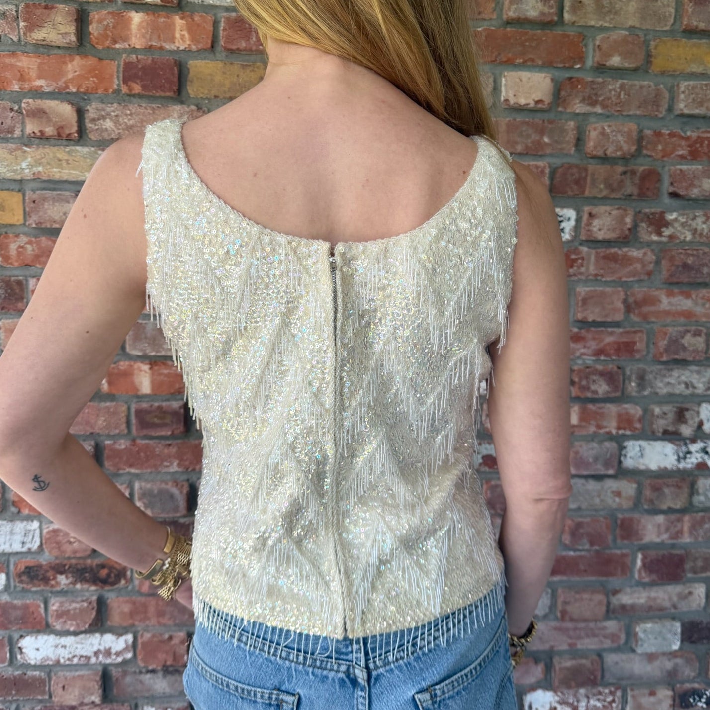 1950s Ivory Beaded Shell with Chevron Pattern