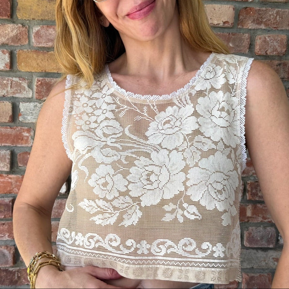 Upcycled Cream and White Sheer Lace Embroidered Tank Top by Casa Grace