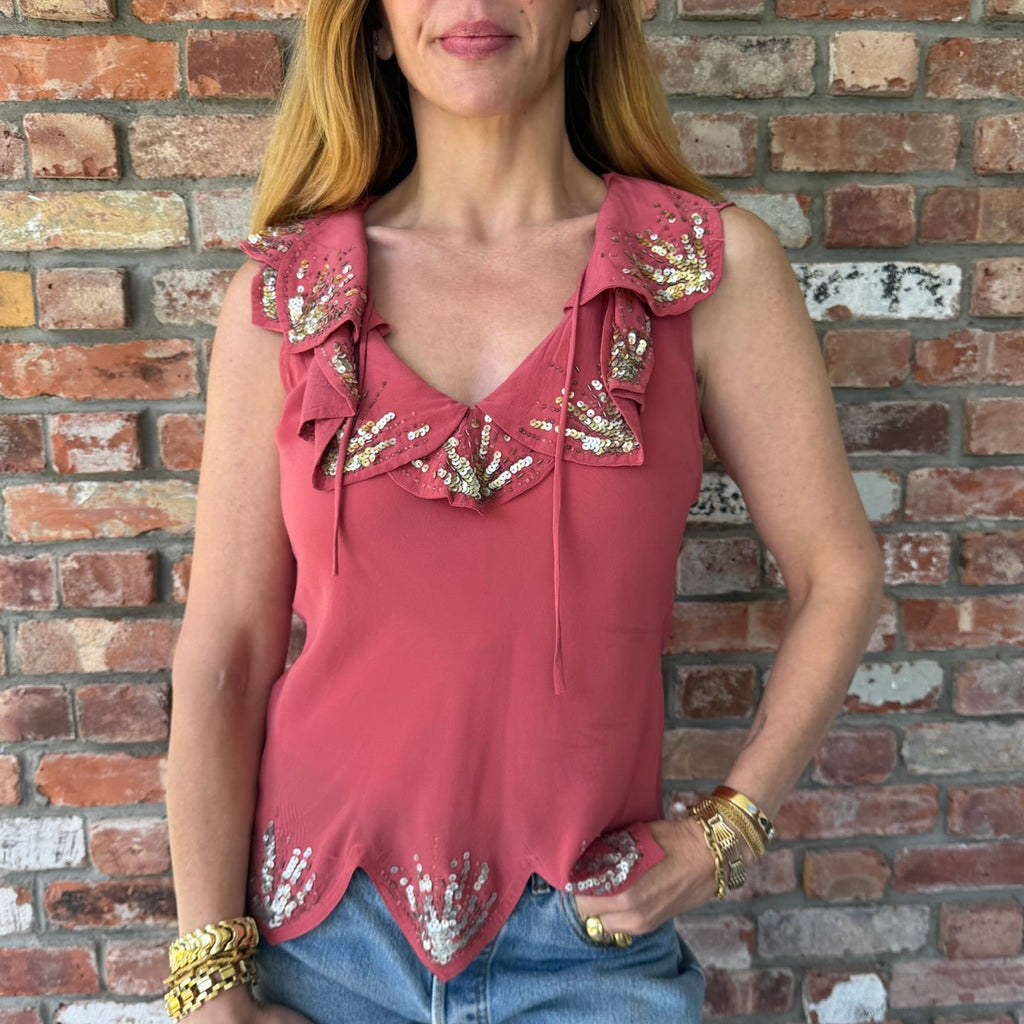 1980s Mauve Silk Tank Top with Sequins
