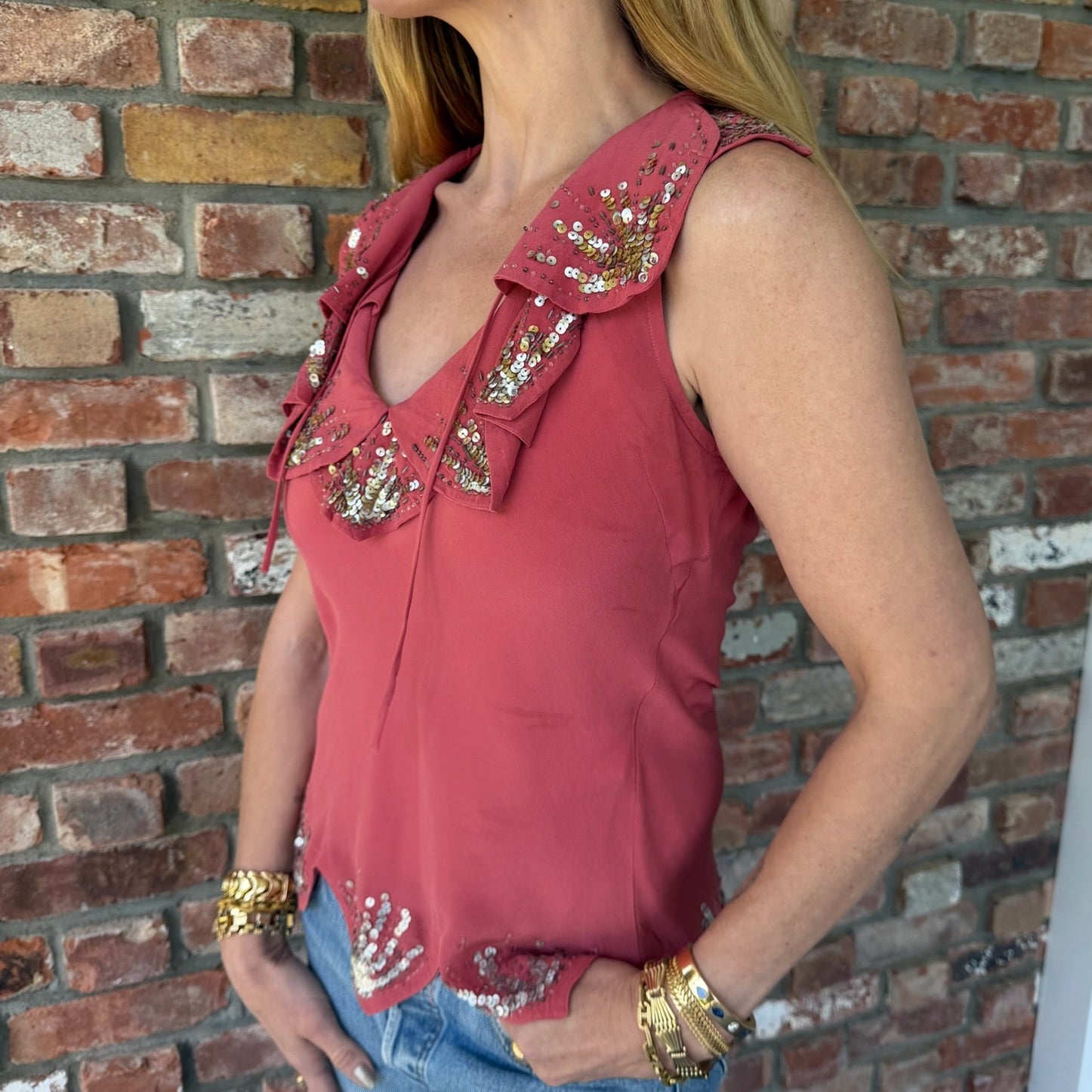 1980s Mauve Silk Tank Top with Sequins