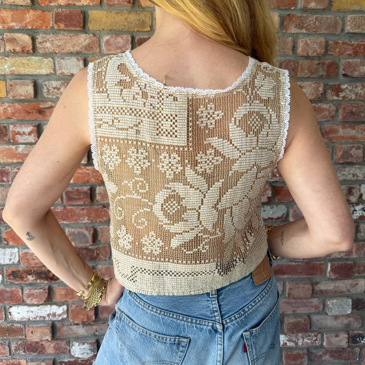 Upcycled Cream and White Sheer Lace Embroidered Tank Top by Casa Grace