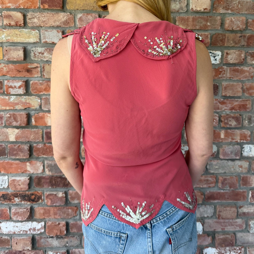 1980s Mauve Silk Tank Top with Sequins