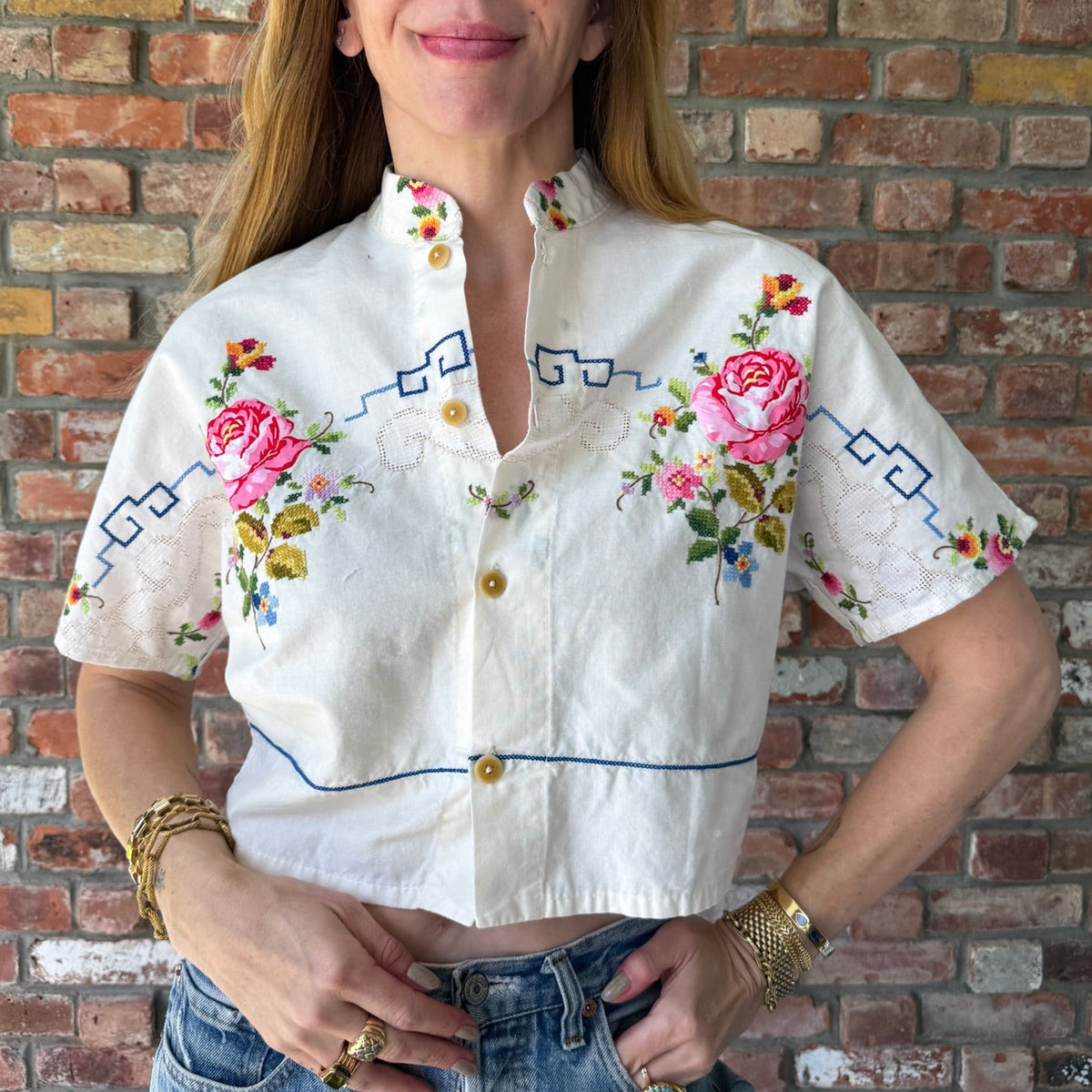 Upcycled White Button Down with Colorful Floral Embroidery by Casa Grace