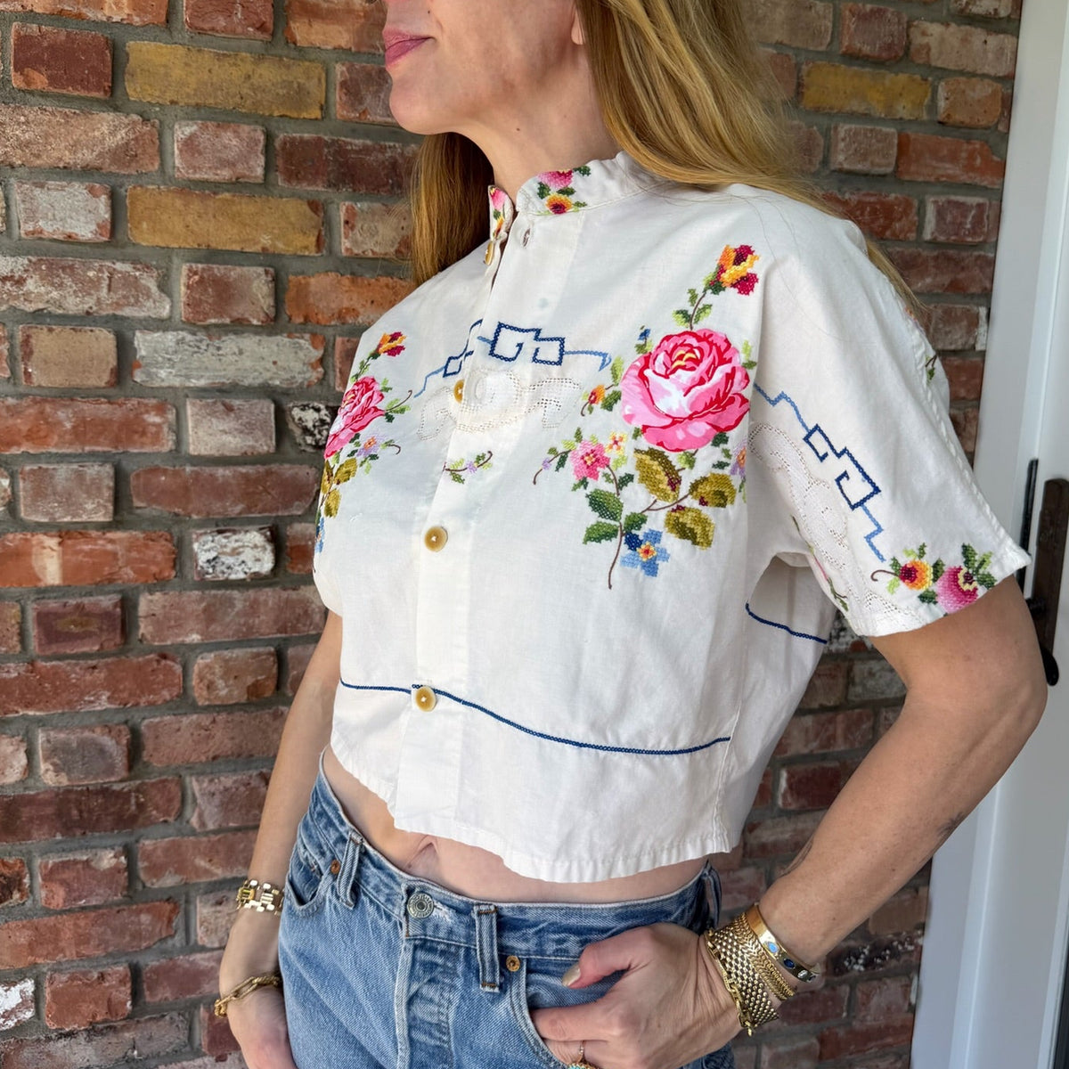 Upcycled White Button Down with Colorful Floral Embroidery by Casa Grace