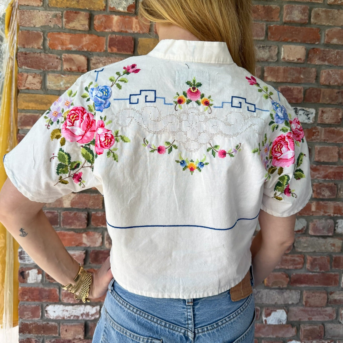 Upcycled White Button Down with Colorful Floral Embroidery by Casa Grace