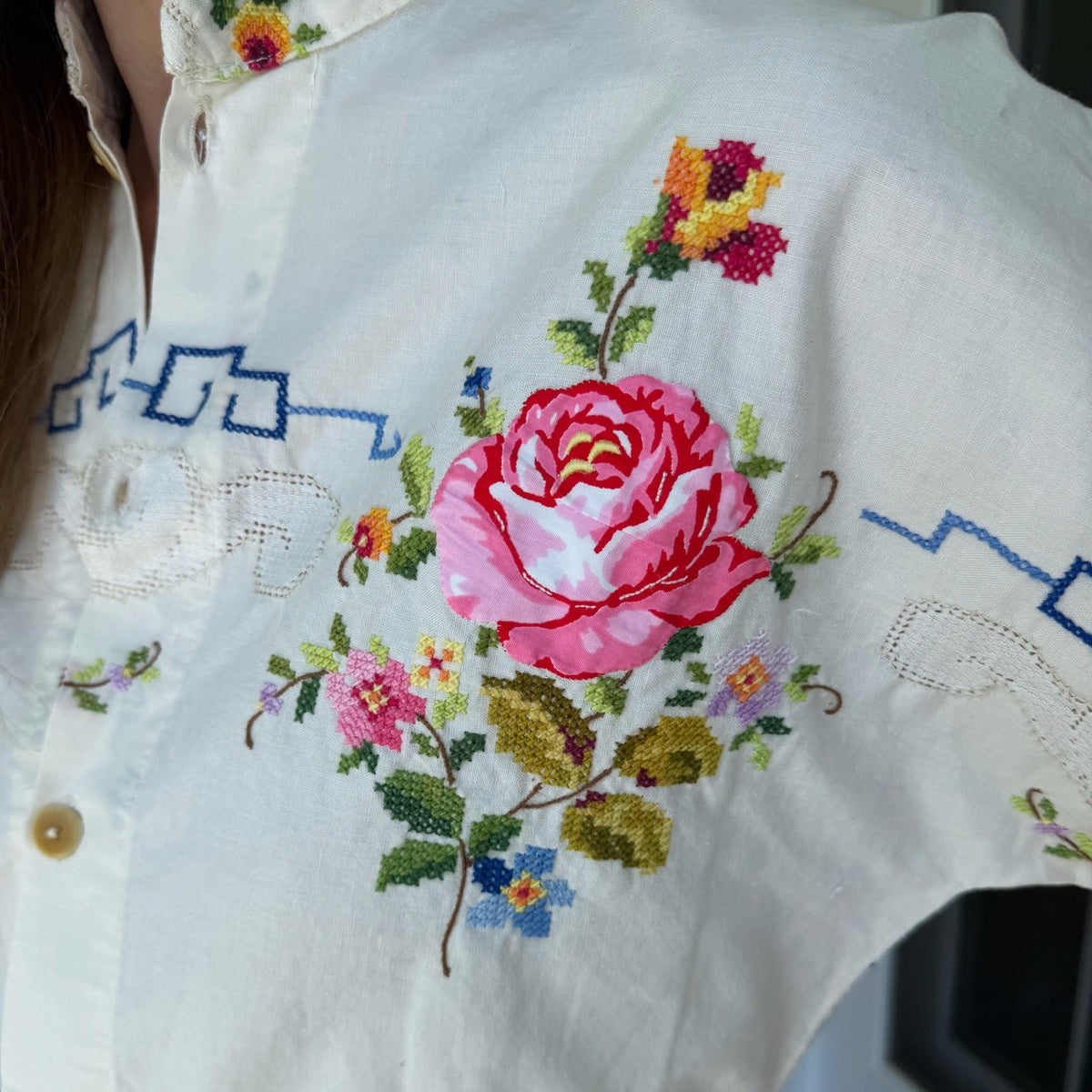 Upcycled White Button Down with Colorful Floral Embroidery by Casa Grace
