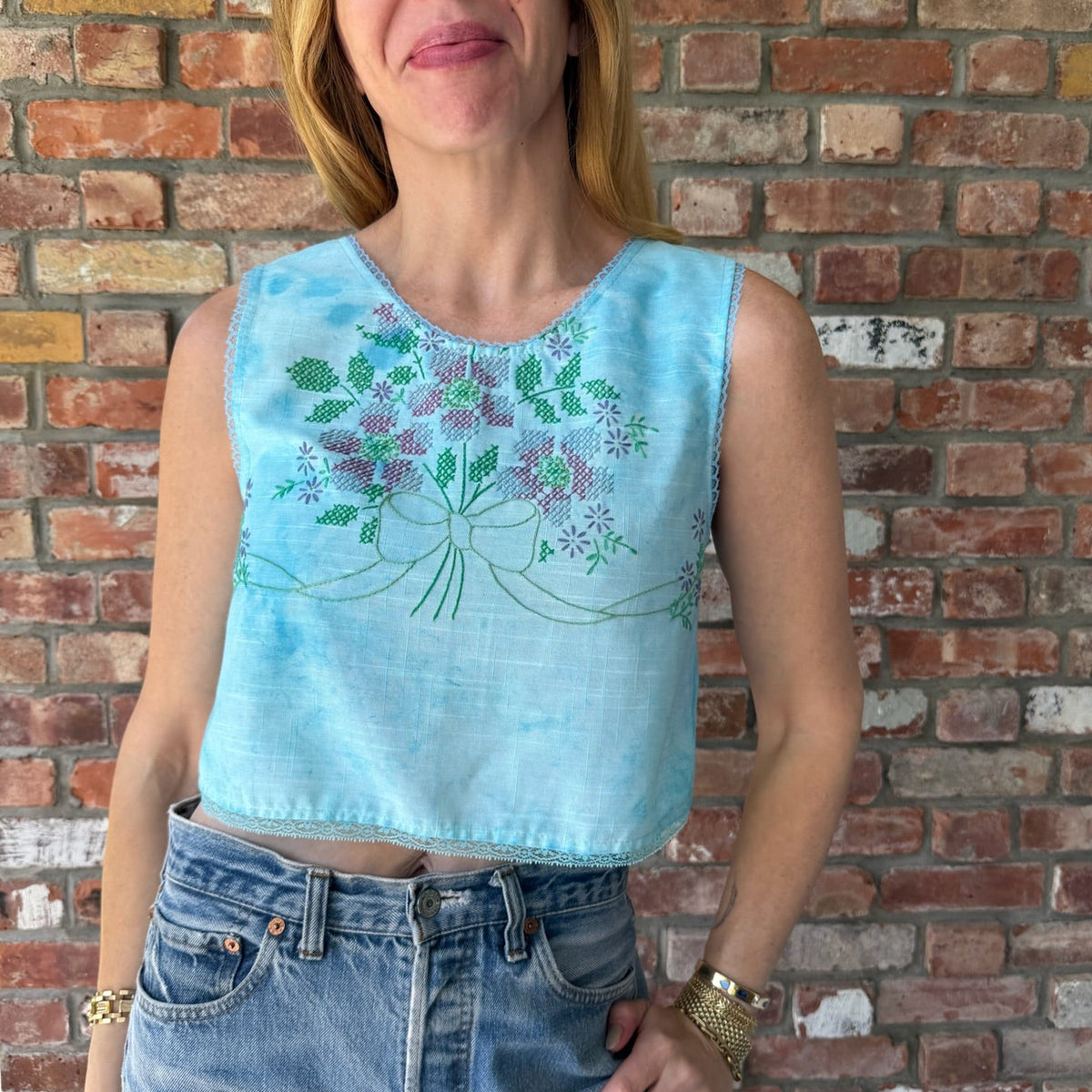 Upcycled Blue Emboroidered Tank by Casa Grace