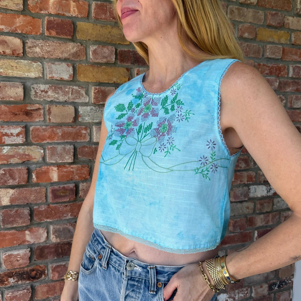 Upcycled Blue Emboroidered Tank by Casa Grace