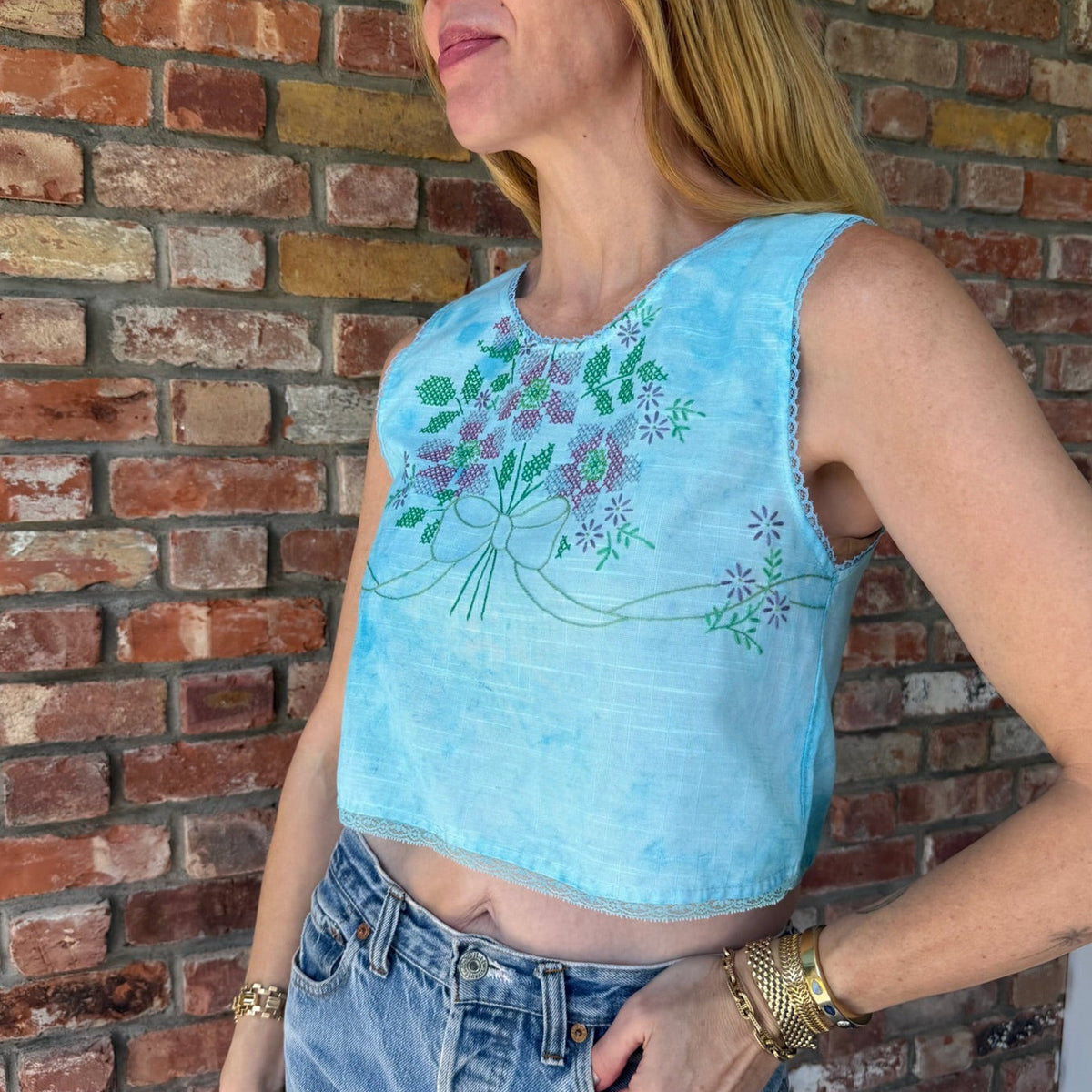 Upcycled Blue Emboroidered Tank by Casa Grace