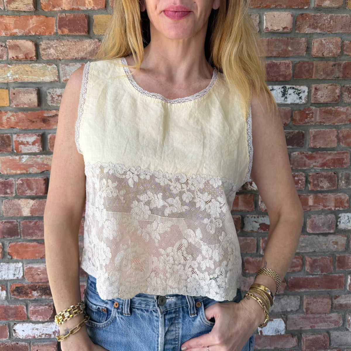 Upcycled Ivory Sheer Lace Tank Top by Casa Grace