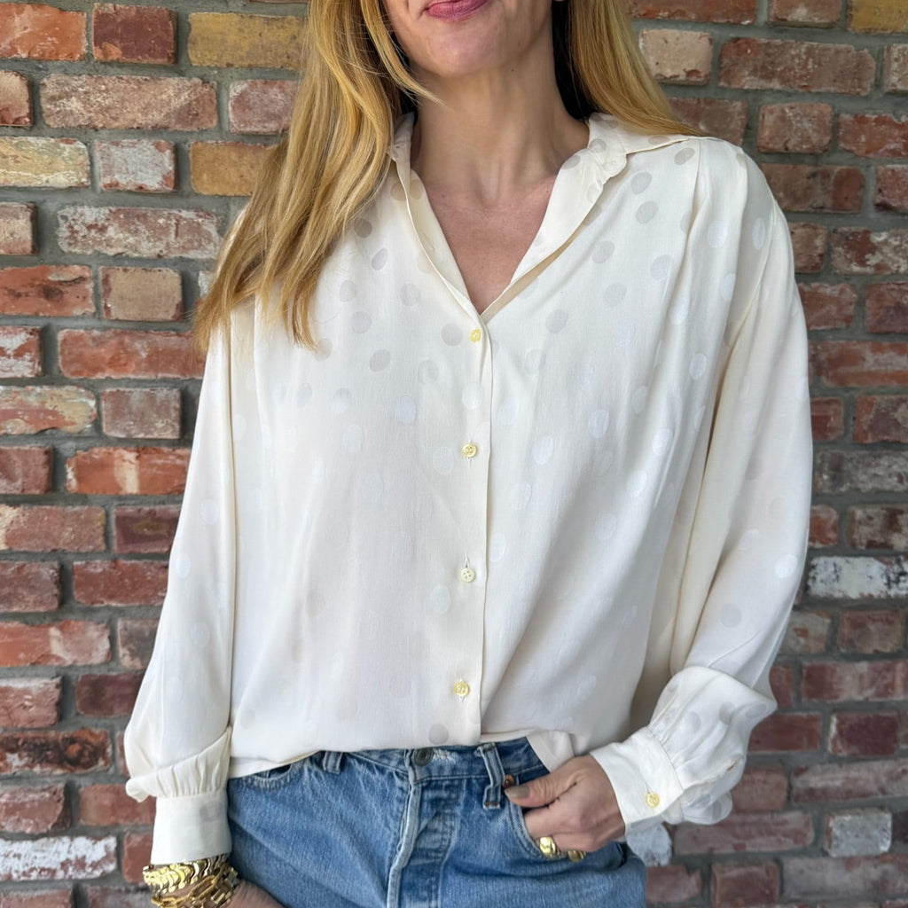 1980s Ivory Silk Blouse with Jacquard Polka Dot Pattern