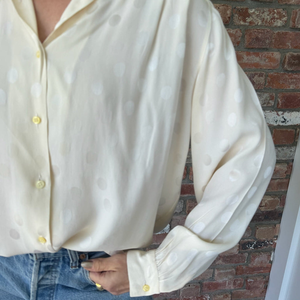 1980s Ivory Silk Blouse with Jacquard Polka Dot Pattern