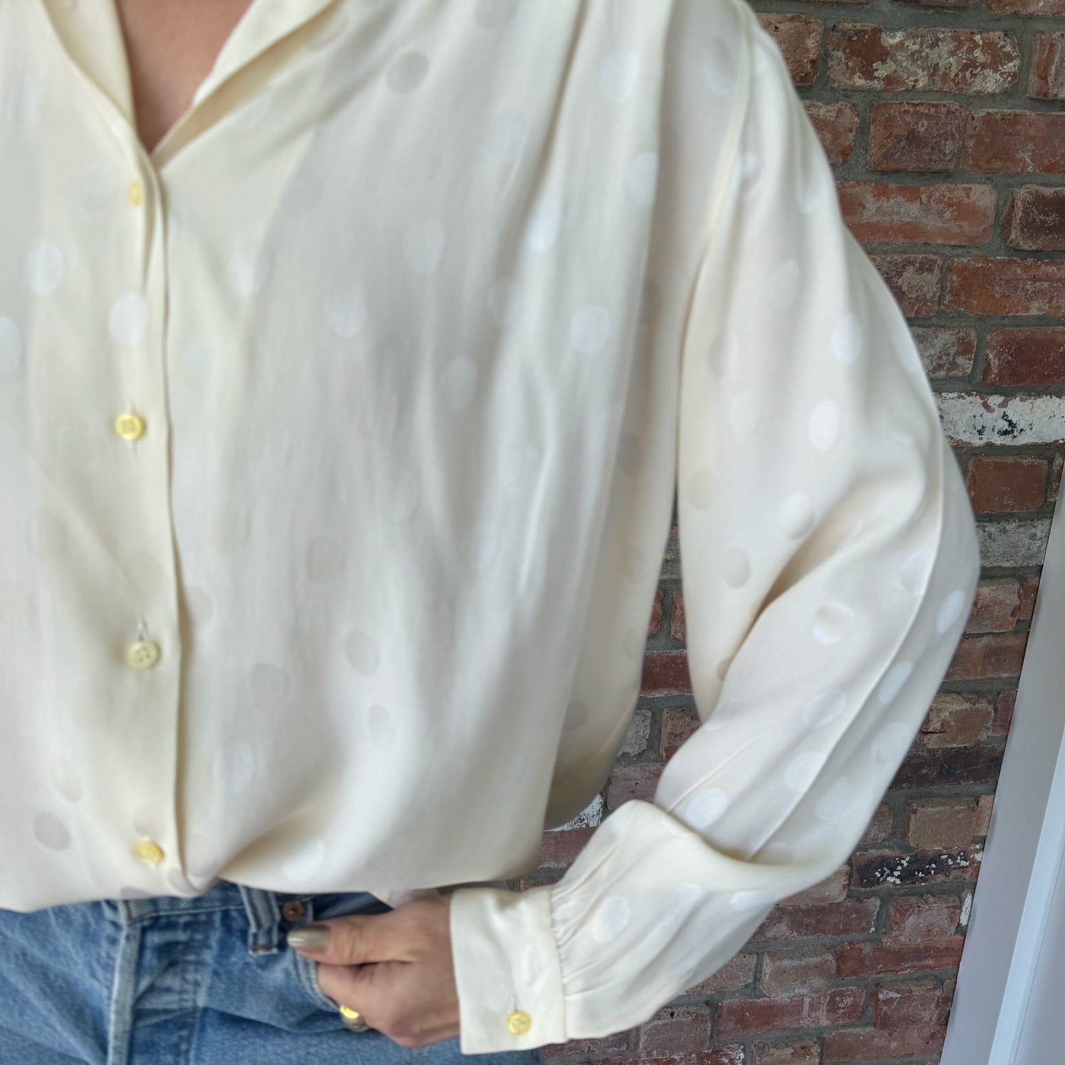 1980s Ivory Silk Blouse with Jacquard Polka Dot Pattern