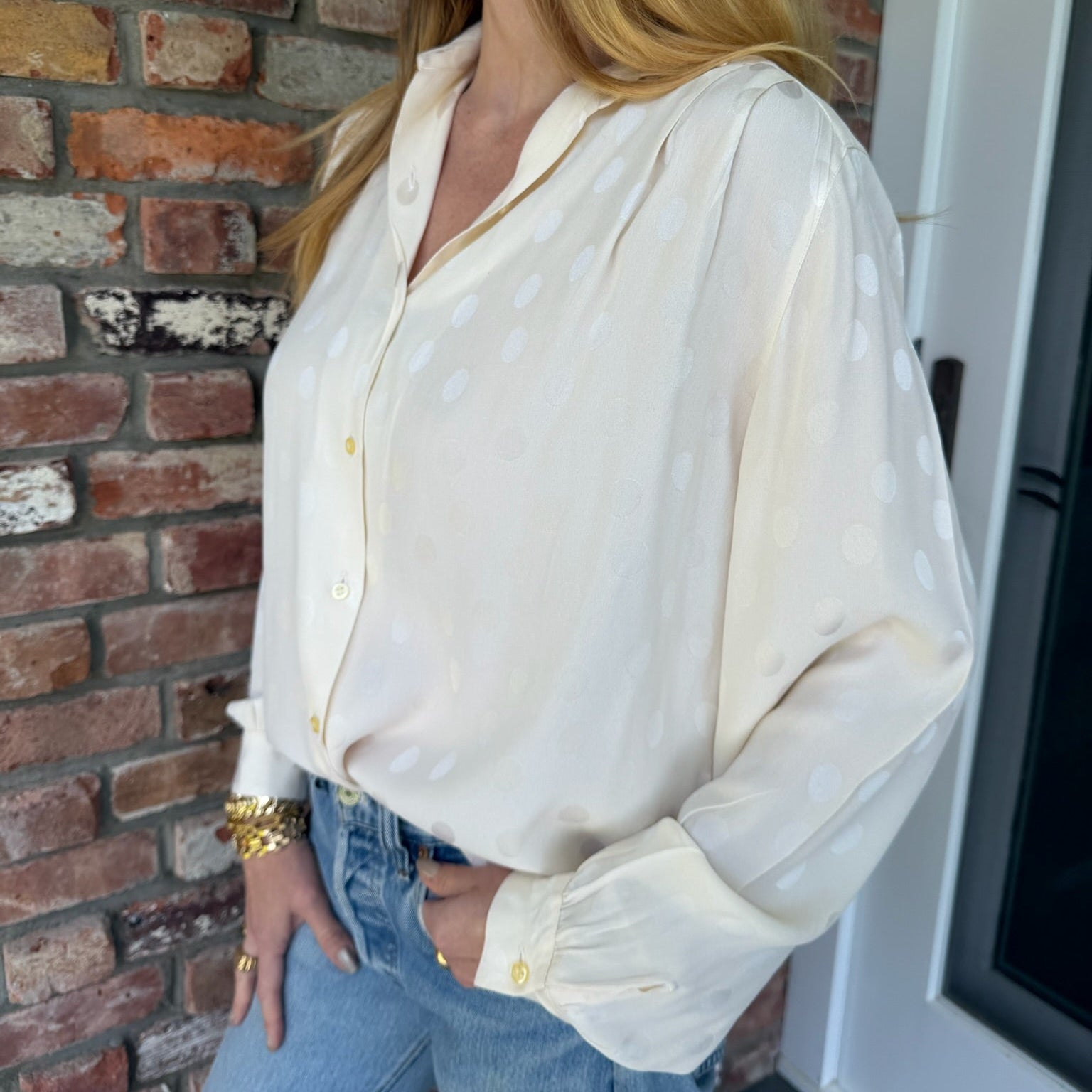 1980s Ivory Silk Blouse with Jacquard Polka Dot Pattern