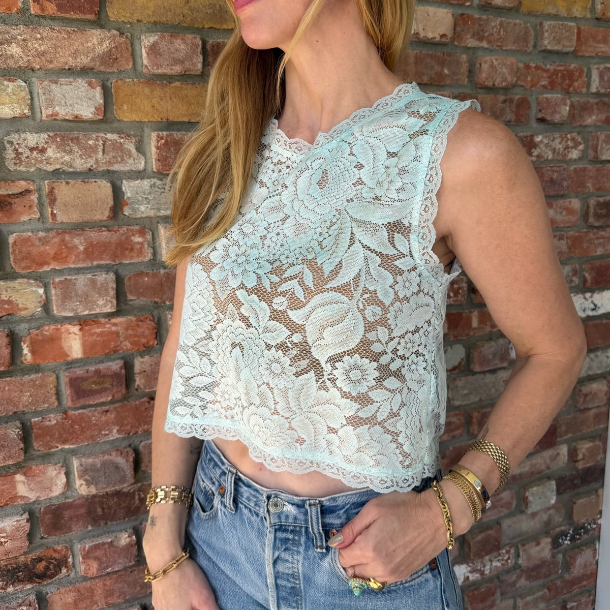 Upcycled Teal Sheer Lace Tank Top by Casa Grace